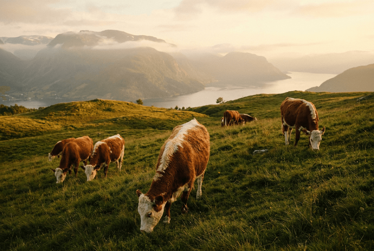 Storfe på norsk beite ved fjorden